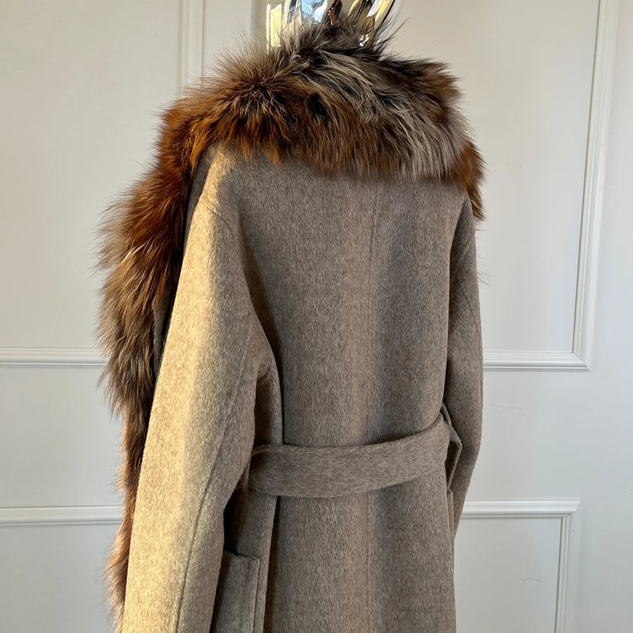 Cashmere Wool Long Coat Real Fur Collar