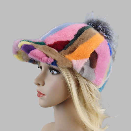 Colorful Real Mink Fur Bomber Hats Fur Pompom