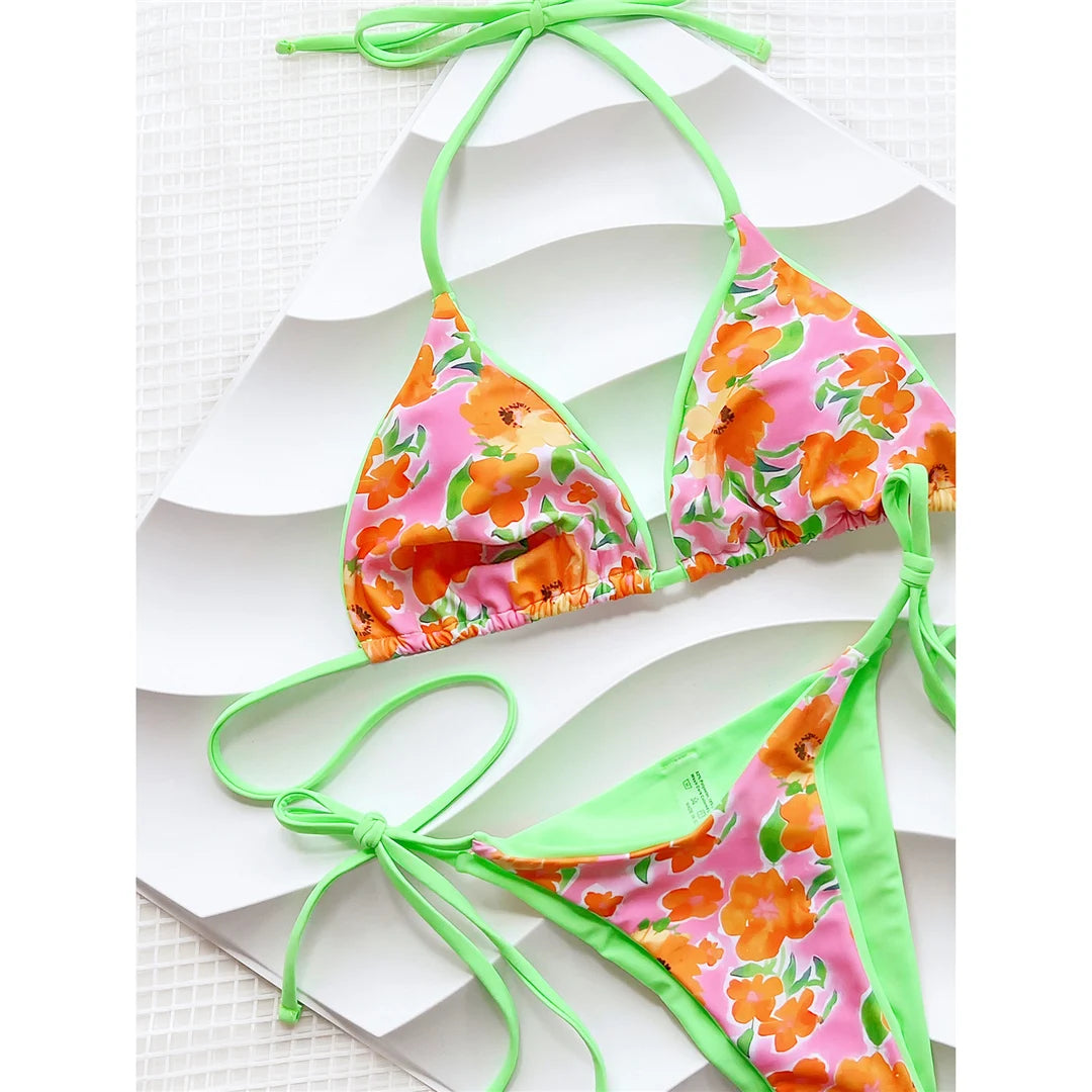 Flower Print High Cut Bikini Set