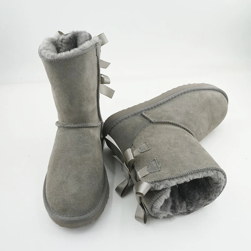 Genuine Leather Snow Boots Two Back Bow