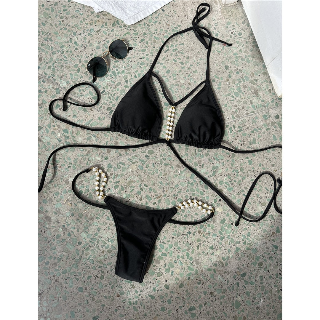 G String Micro Thong Pearl Bikini Sets
