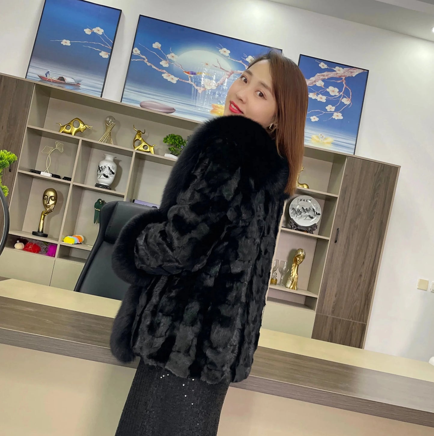 Real Mink Fur Coat Fox Fur Collar and Cuffs