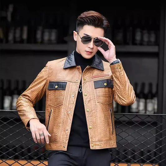 Genuine Leather Jacket Crocodile Pattern