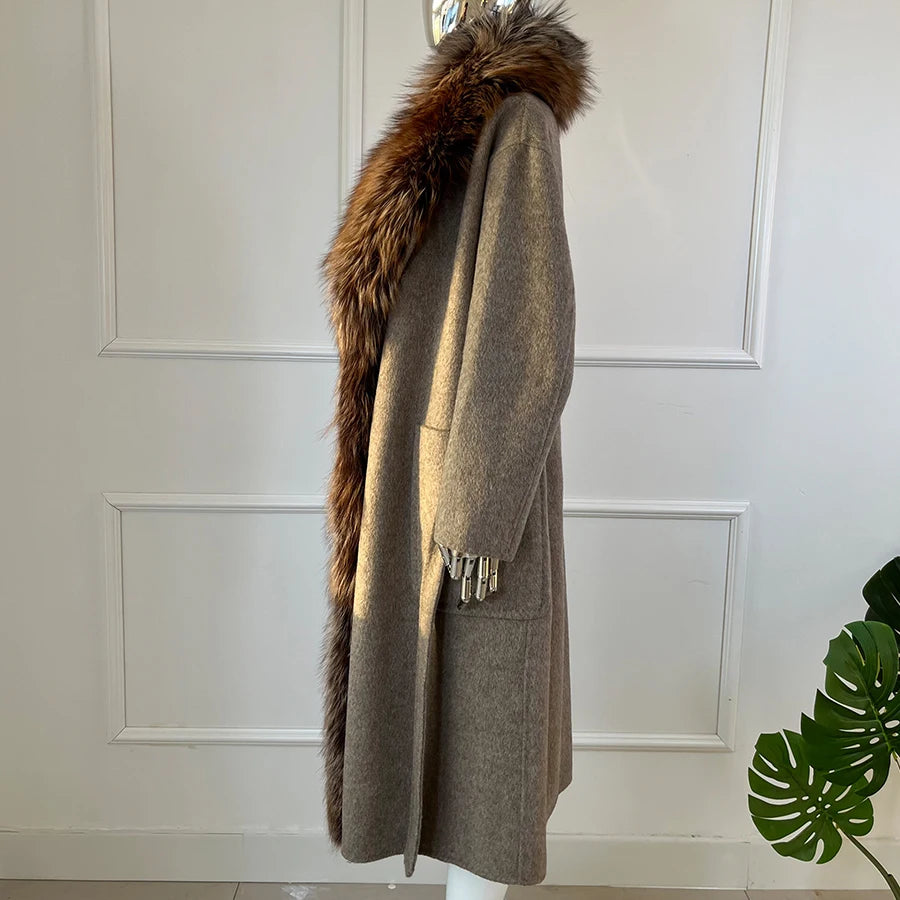 Cashmere Wool Long Coat Real Fur Collar