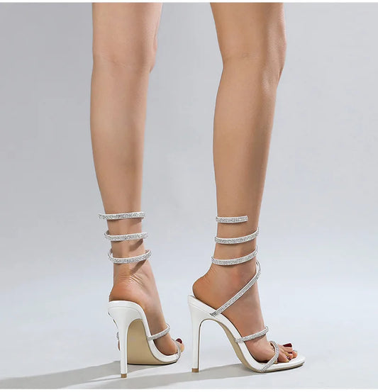 White Twine Around Ankle High Heels