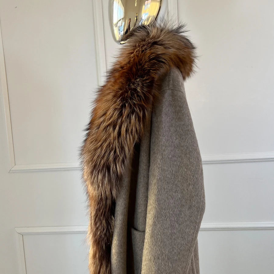 Cashmere Wool Long Coat Real Fur Collar