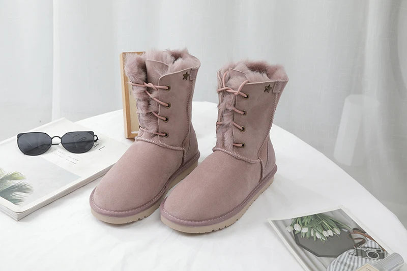 Genuine Leather Waterproof Snow Boots Real Wool