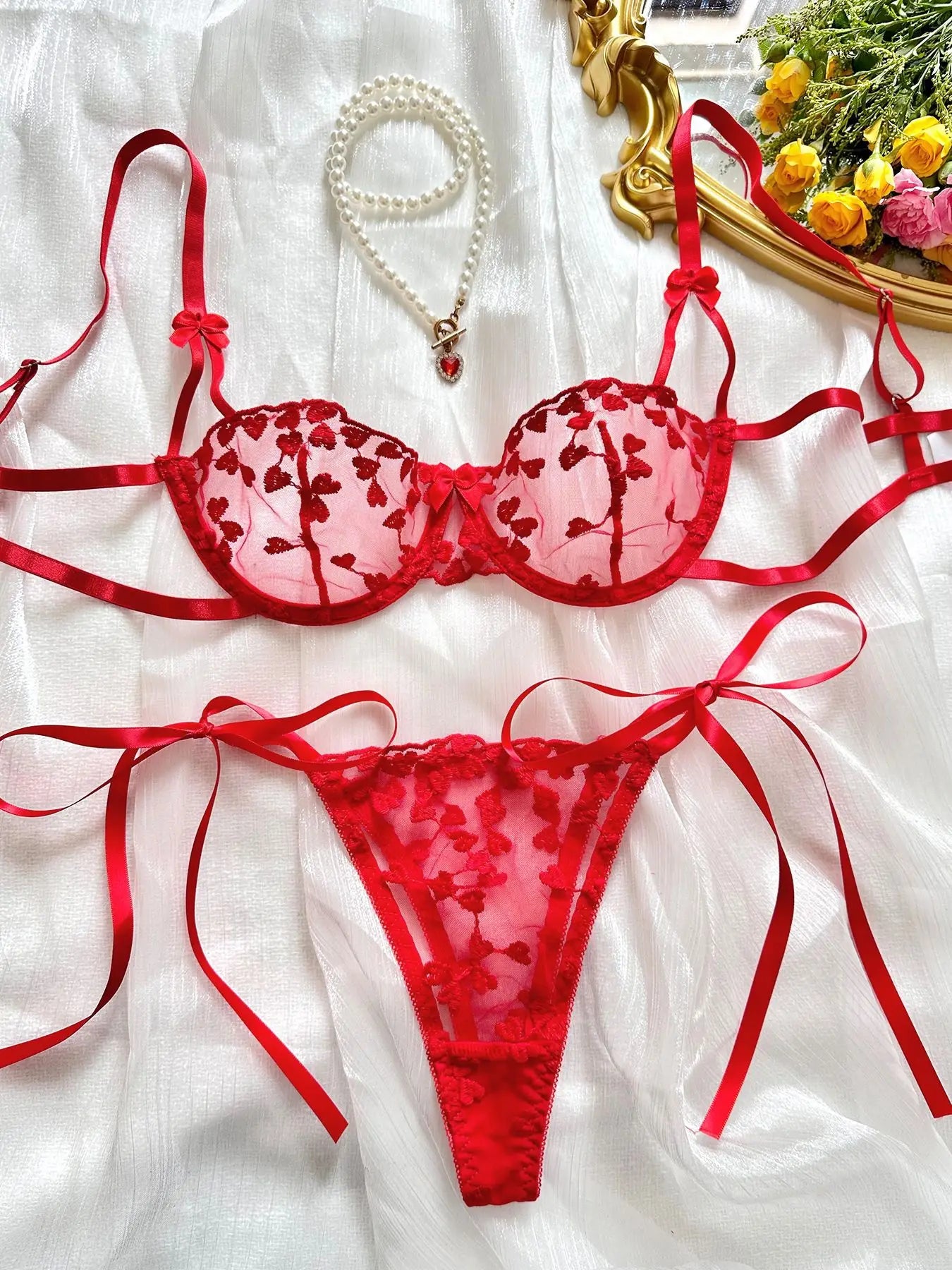 Mesh Heart Shaped Embroidery Bra & Thong Sets