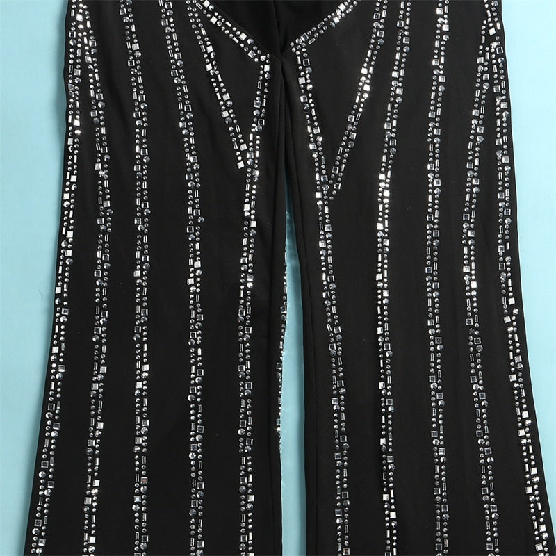 Diamonds Mesh Backless Flare Pants Jumpsuits