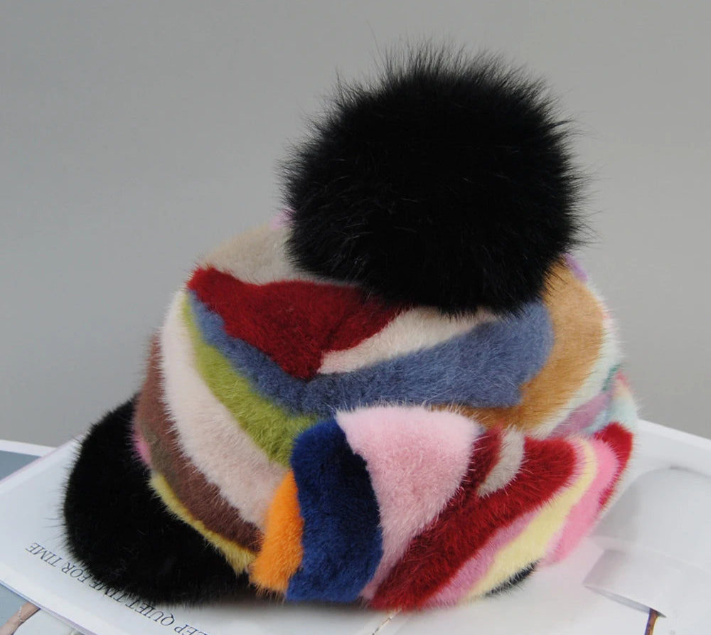 Colorful Real Mink Fur Bomber Hats Fur Pompom