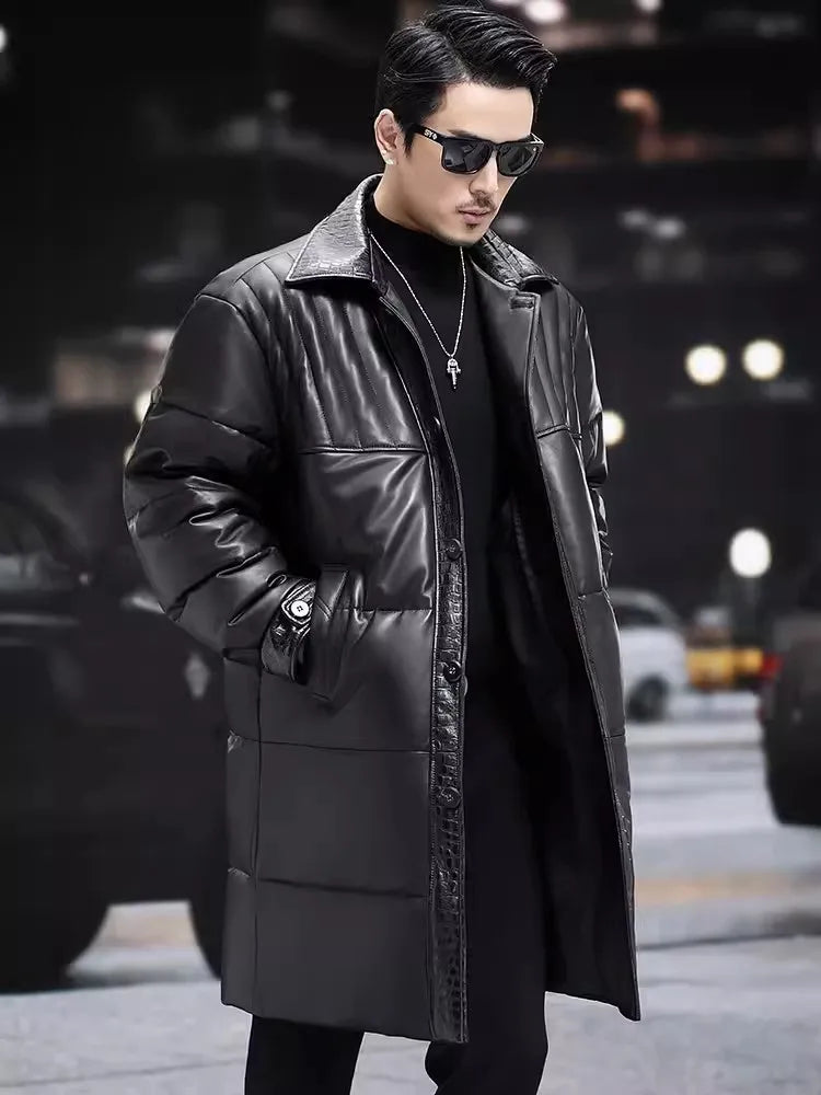 Genuine Leather Down Coat Single Breasted Long