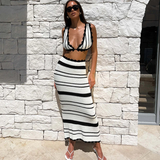 Stripe Knitted Backless Top & Long Skirt Sets