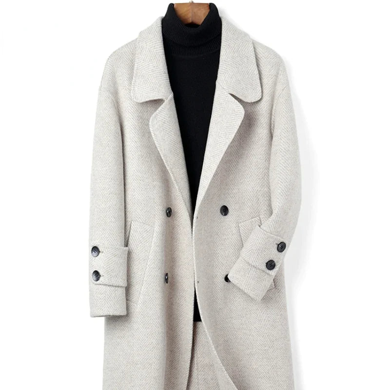 Herringbone Pattern Double-breasted Woolen Coat