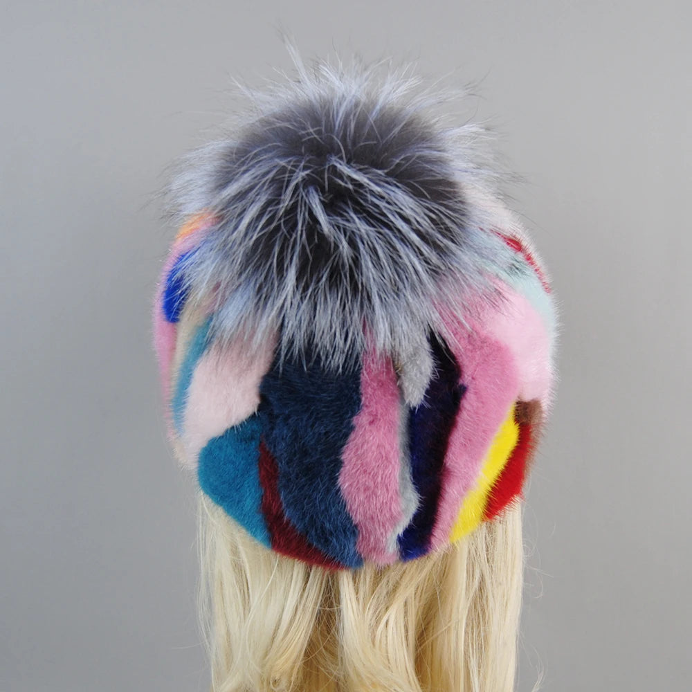 Colorful Real Mink Fur Bomber Hats Fur Pompom