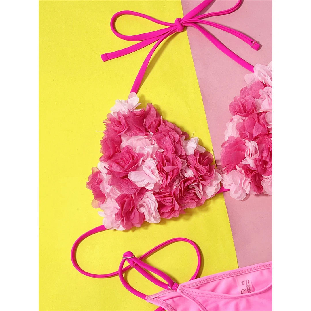 3D Flowers Halter High Cut Bikini Set