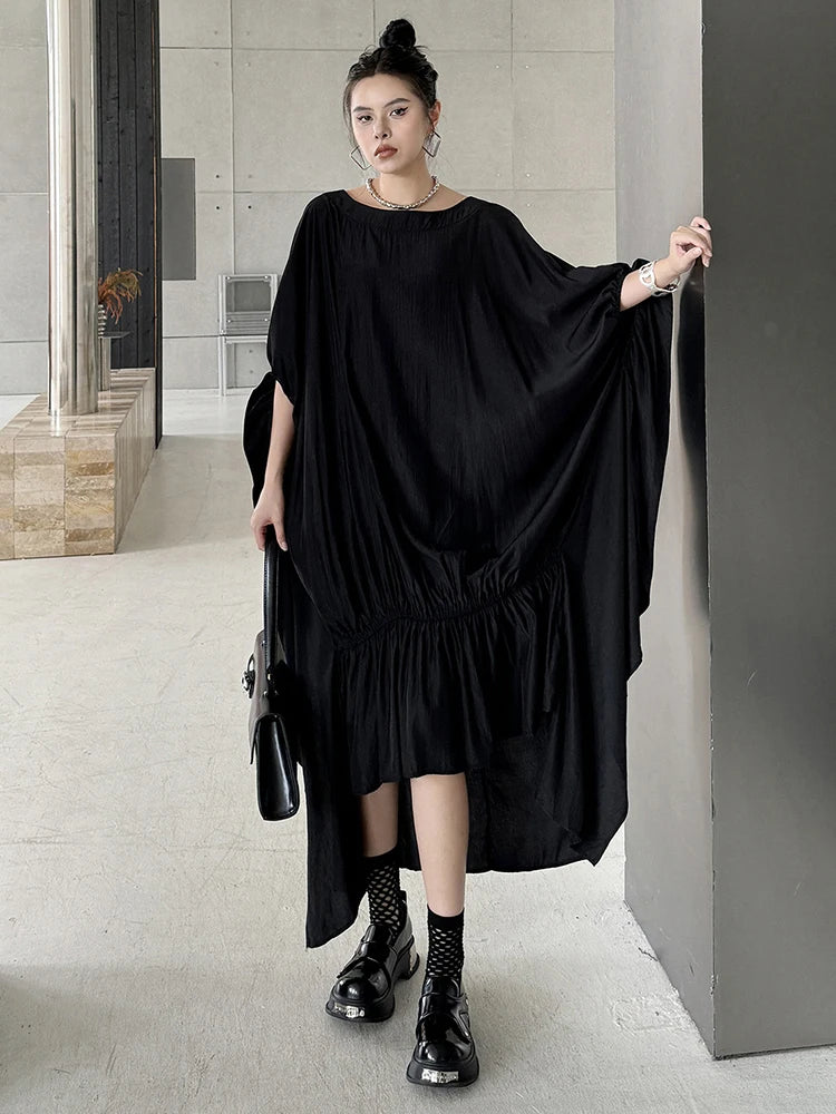 Black Pleated Irregular Loose Oversized Long Dress