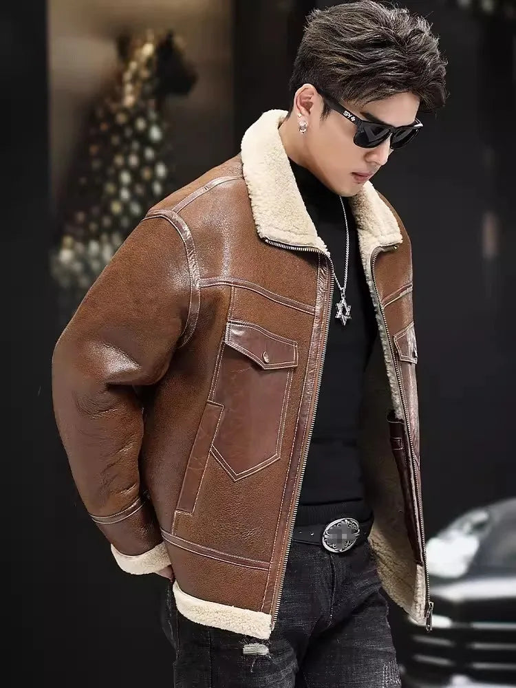 Luxury Genuine Leather Jacket Real Fur Shearling Liner