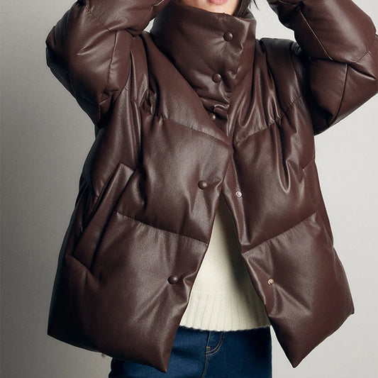Genuine Leather Down Coat Winter Women Sheepskin Big Collar Design Loose Bread Clothes 90 Goose Down Coffe Short Jaqueta Puffer