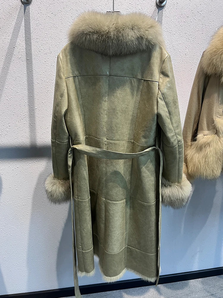 Genuine Leather Long Coats Real Fur Liner Collar Cuffs