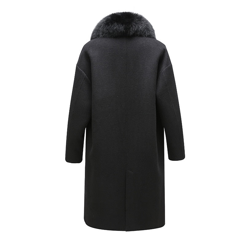 Real Wool Detachable Big Real Fox Fur Collar Long Coats