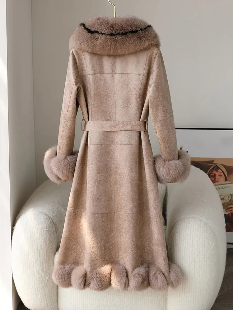 Genuine Leather Long Coats Suede Real Fur Lining Long & Collar