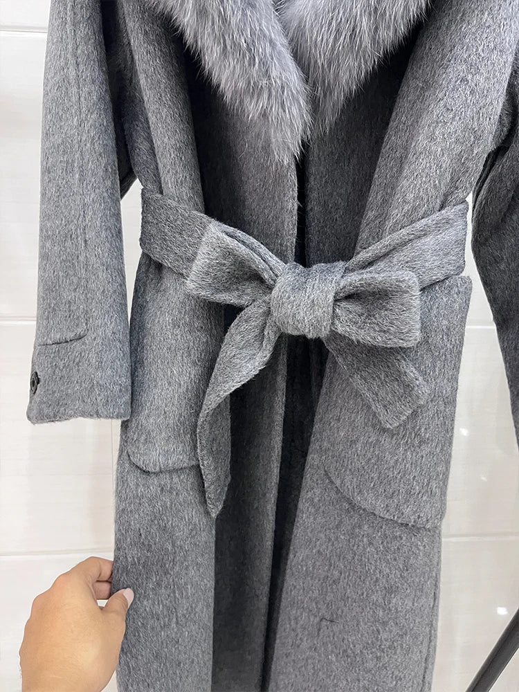 Long Cashmere Wool Coats Real Fur Collar