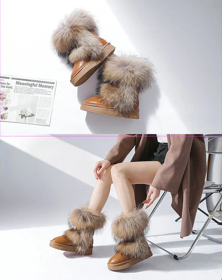 Genuine Leather Waterproof Snow Boots Real Fur