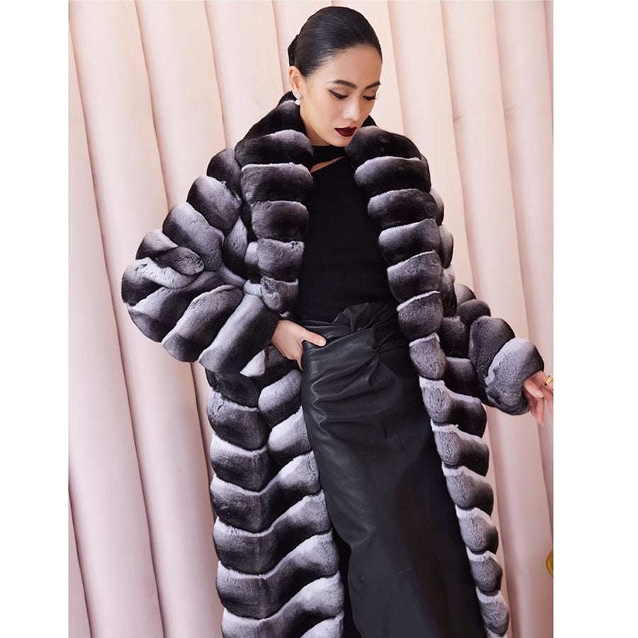 Luxury X-Long Real Fur Coat Chinchilla Style