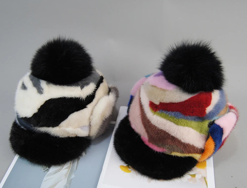 Colorful Real Mink Fur Bomber Hats Fur Pompom