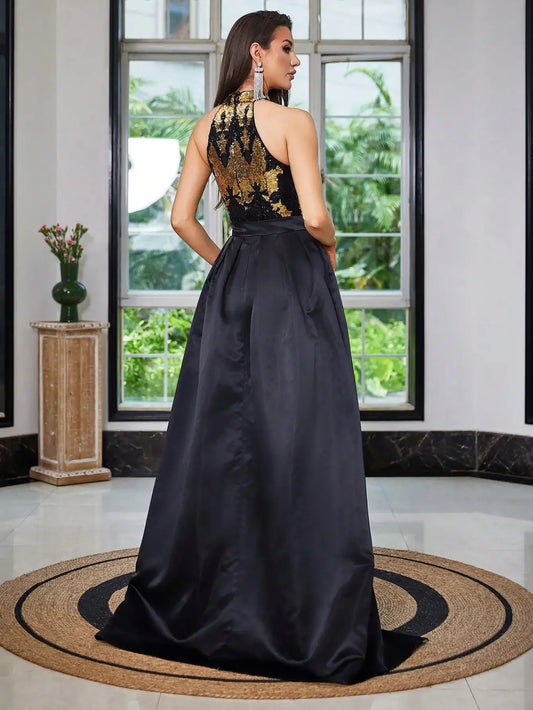 Gold Sequins Halter Waist Skirt Floor Length Dress