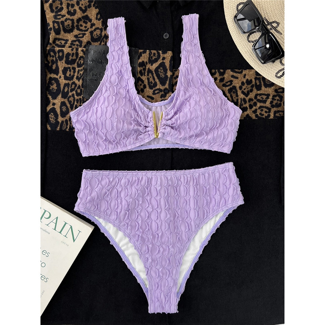 Purpled Wrinkled V Padded High Waist Bikini