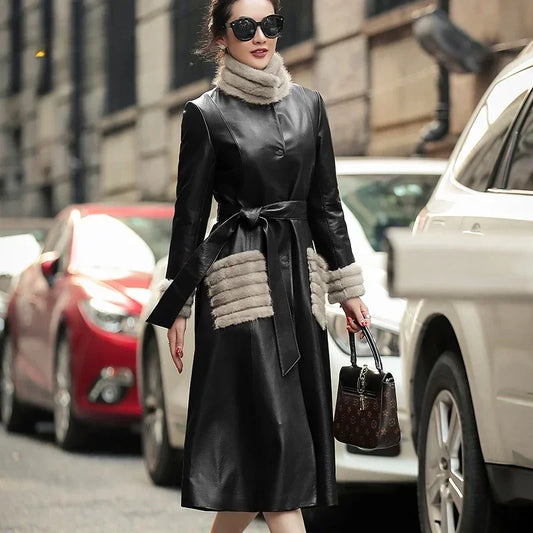 Genuine Leather Long Down Coats Real Mink Fur