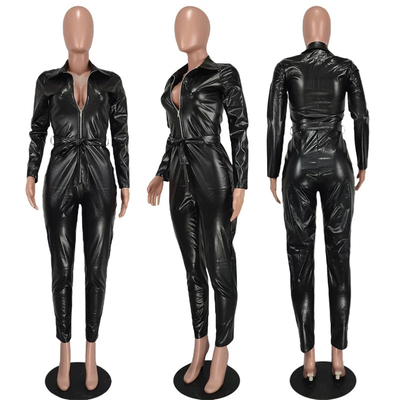 PU Faux Leather Long Sleeve Jumpsuits