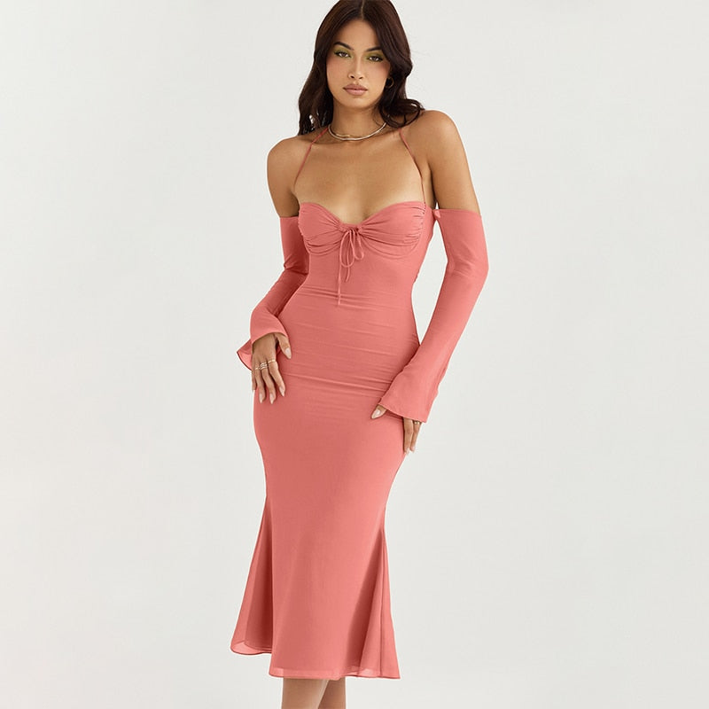 Halter Off Shoulder Long Sleeve Midi Dresses