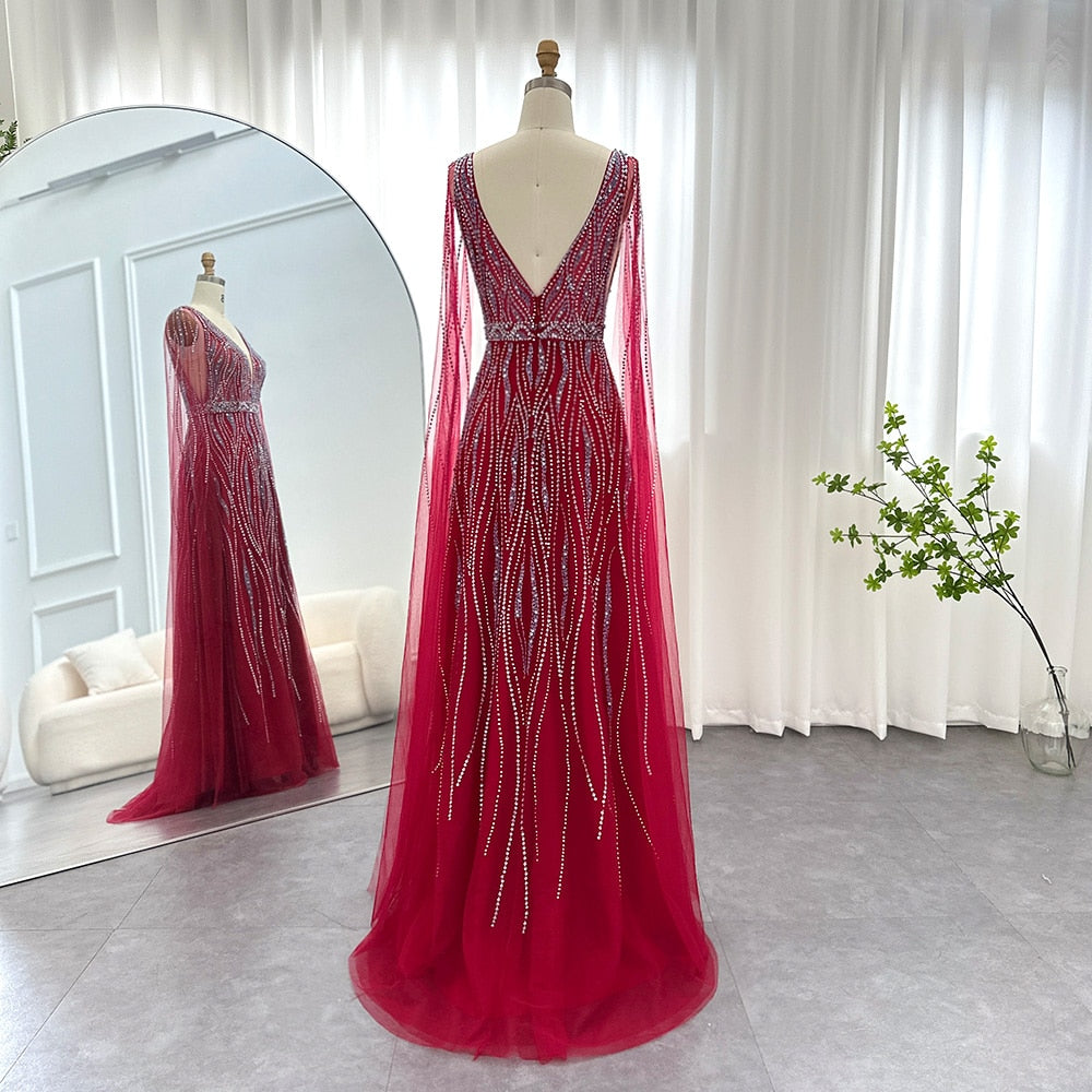 Crystal Stone Drip Mesh Sleeve Drape Gowns