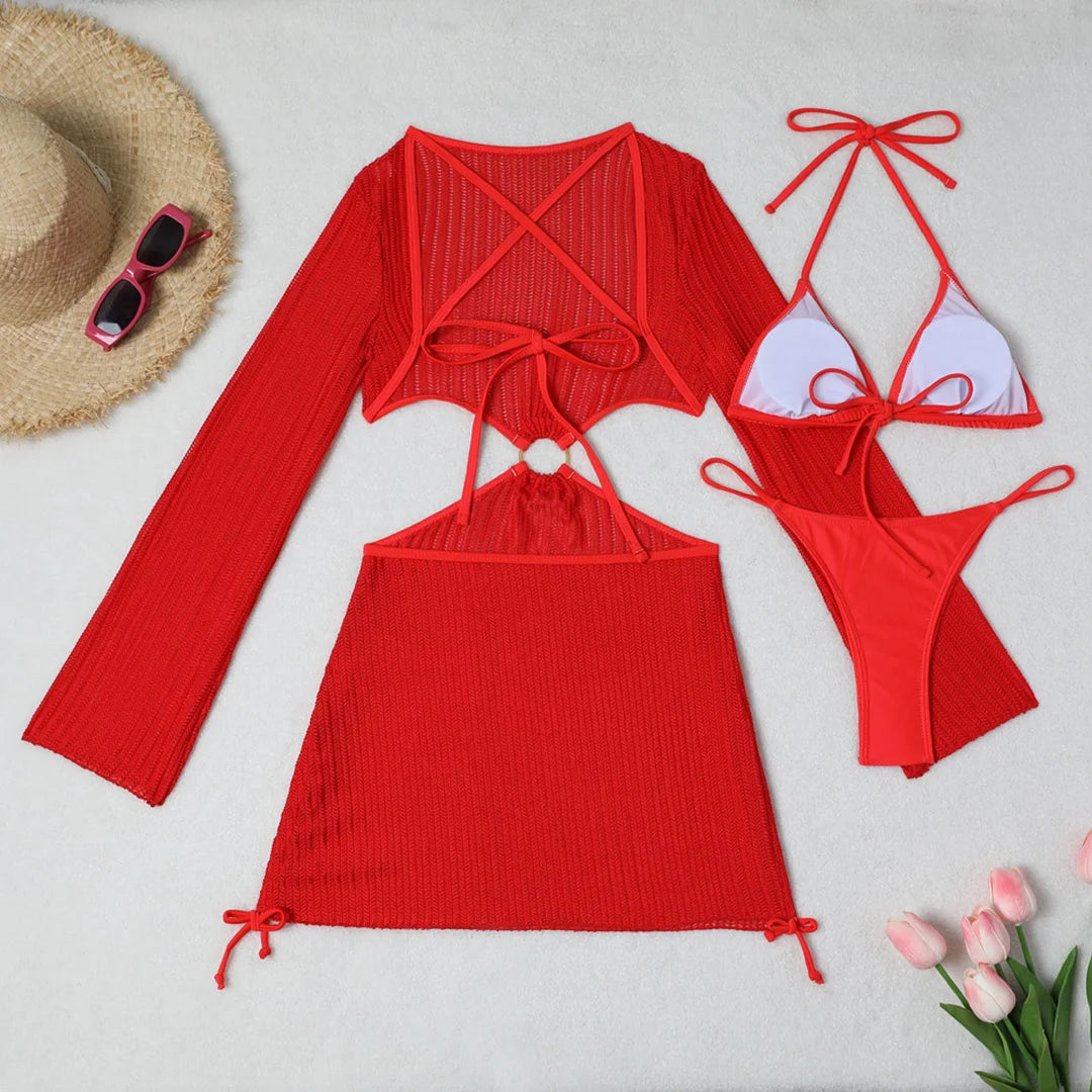 Knitted Sleeved Cover Up & Halter Bikini Sets