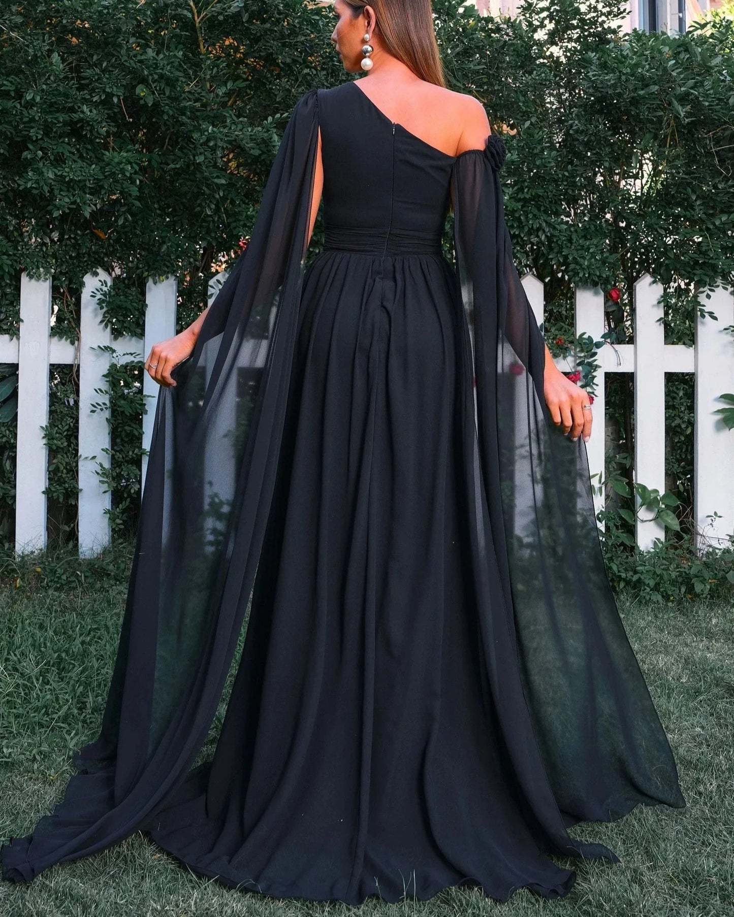 Black One Shoulder Drape Sleeves Dress