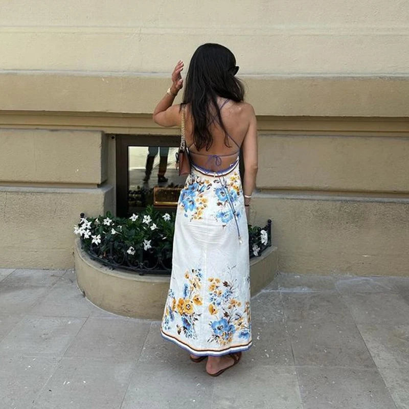 Printed Sleeveless Backless Long Dress