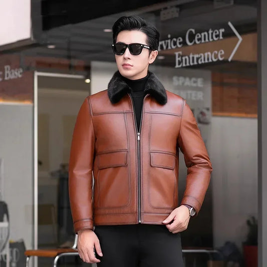Genuine Leather Jackets Mink Fur Collar & Wool Liner