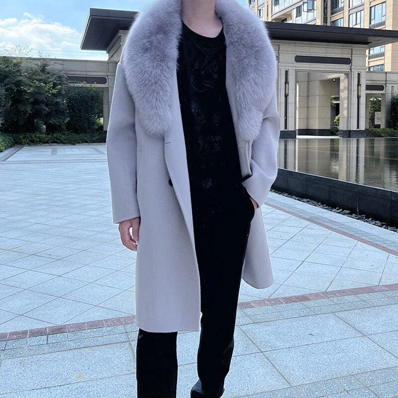 Real Wool Detachable Big Real Fox Fur Collar Long Coats