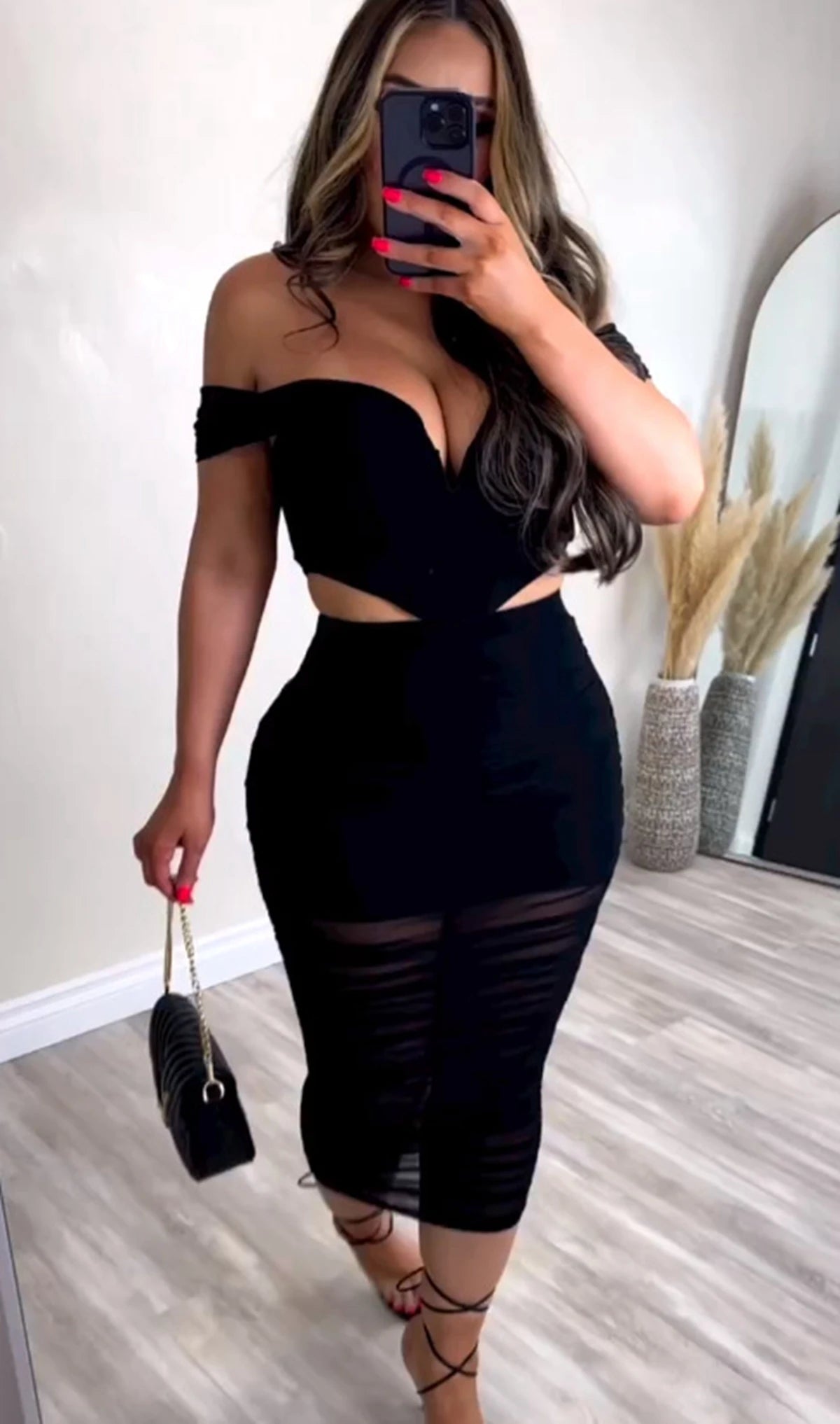 Off Shoulder Mesh Ruched Midi Dresses Sets