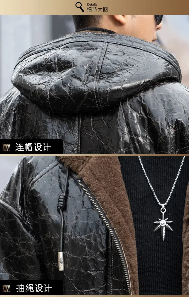 Genuine Leather Hooded Fur Coats