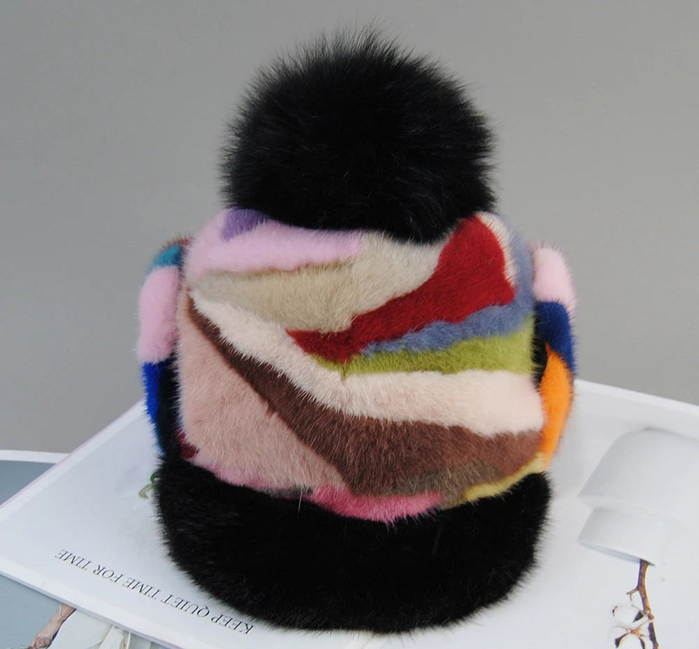 Colorful Real Mink Fur Bomber Hats Fur Pompom