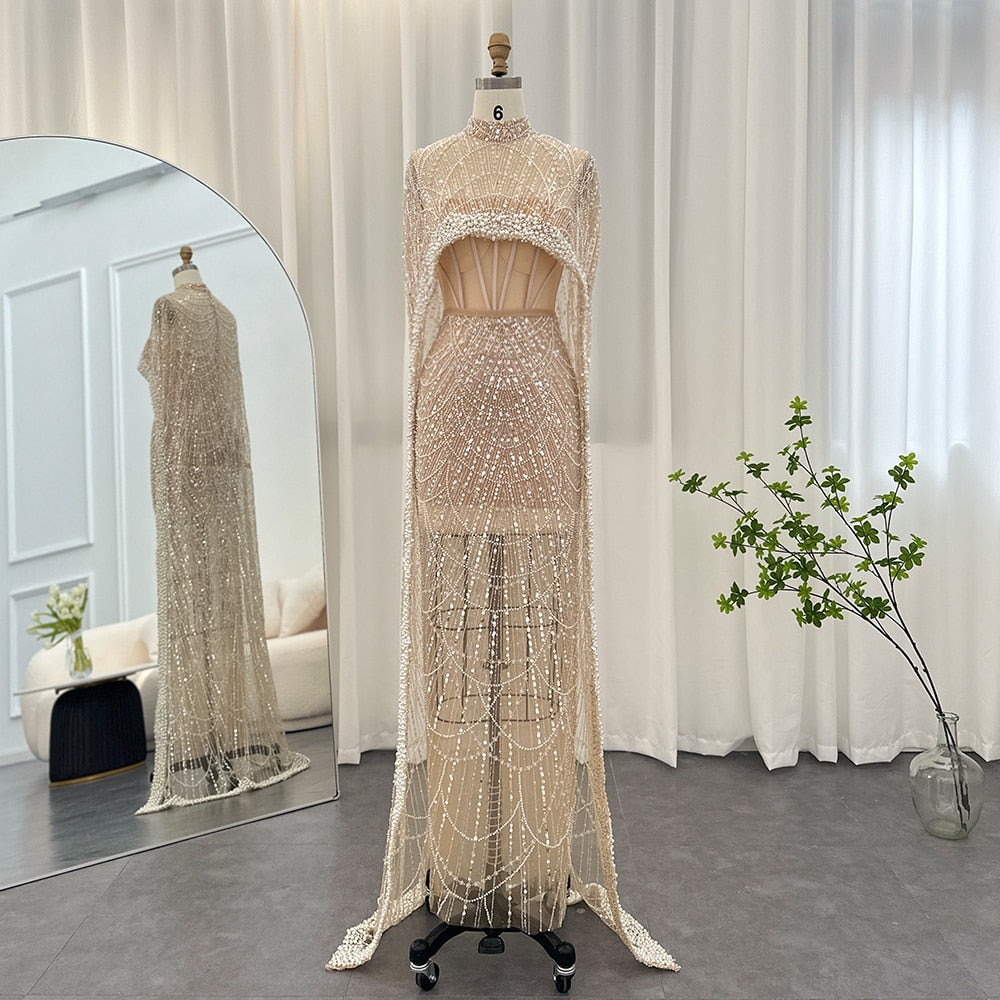 Pearl Mesh Cape Floor-Length Dresses