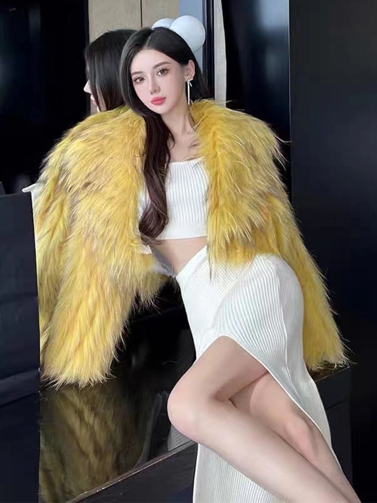 Knitted Real Fur Crop Coats Big Turn-down Collar