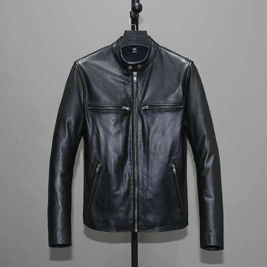 Genuine Leather Jacket Slim Fit Stand Collar Multi Pocket
