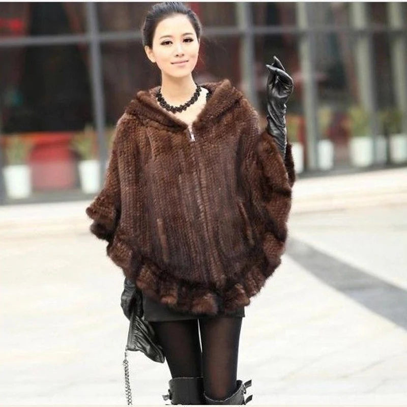 Knitted Real Mink Fur Hooded Ponchos