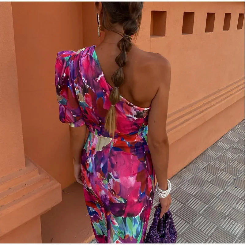 Backless Print Diagonal Shoulder Maxi Dress