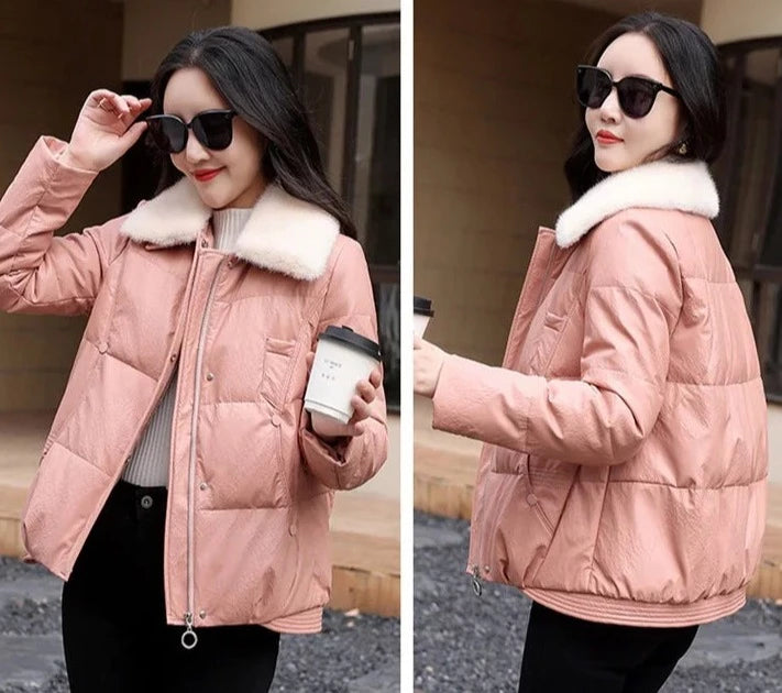Genuine Leather Down Coats Real Fur Collar