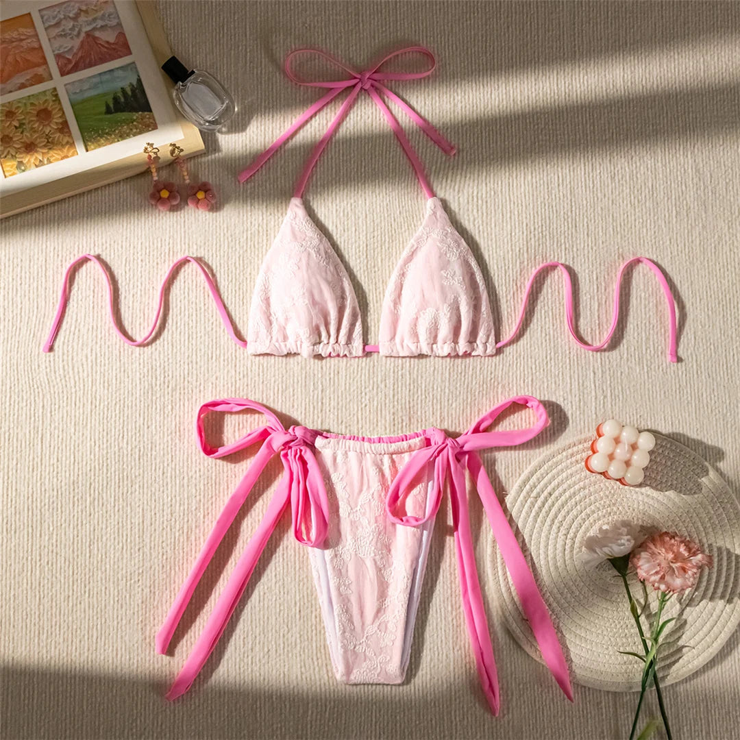 Pink Halter High Cut Bikini Set